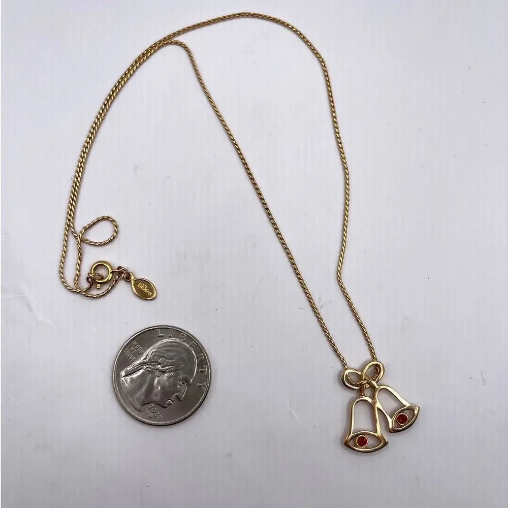 VTG 1980 Avon Gold Tone Christmas Bell Necklace Red Glowing Bells 17 Inches‎